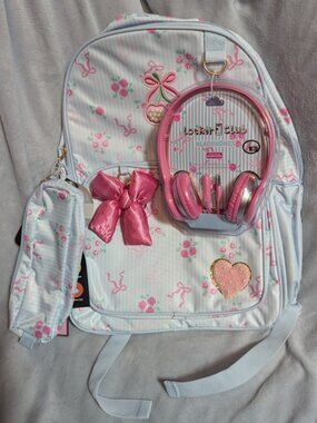 NWT Locker Club Floral Backpack Set with Pencil Pouch, Bow Charm & Headphones
